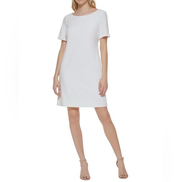 Tommy Hilfiger Scuba Crepe Sheath Dress Ruffle Sleeve Ivory White Petite 6P NWT - Picture 1 of 13